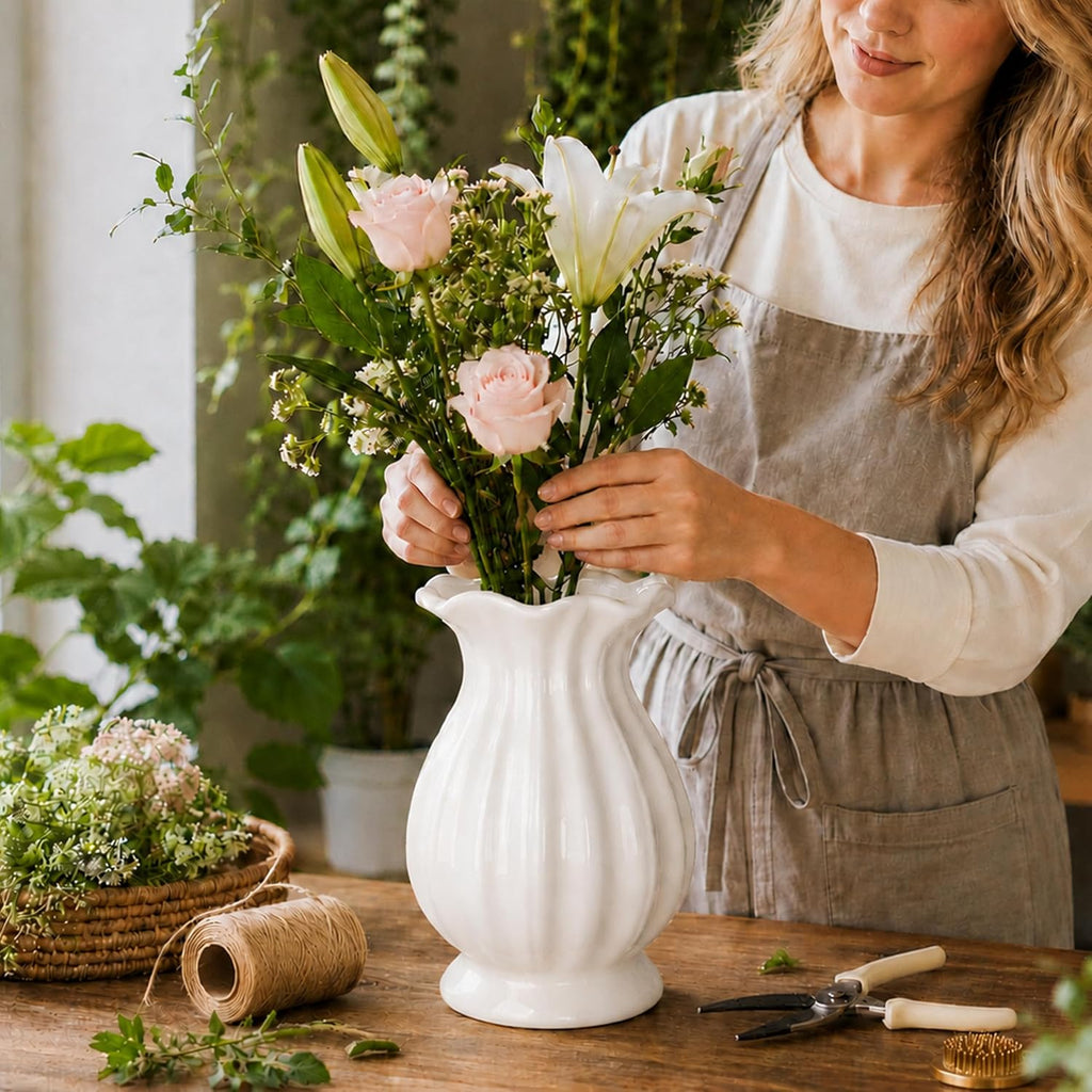 White Ceramic Vase, 7.8 Inch Farmhouse Flower Vase