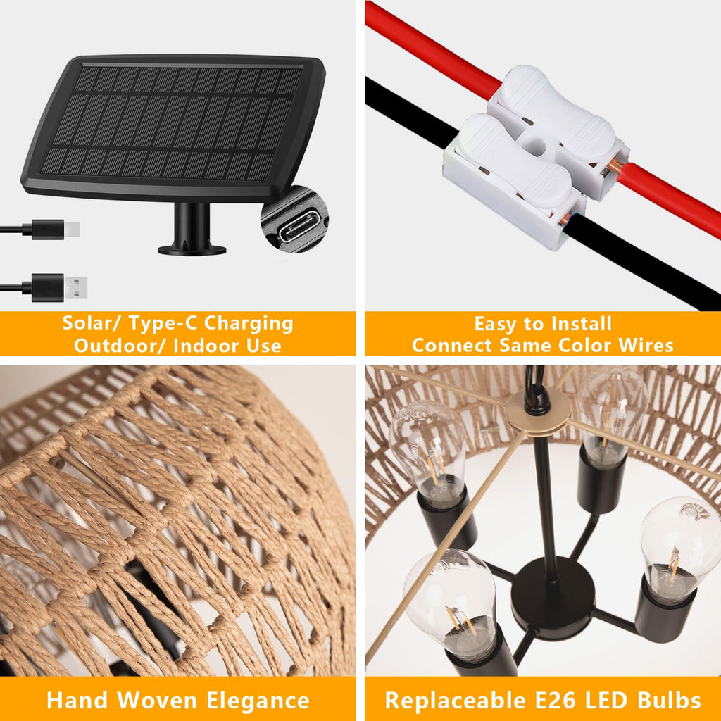 Outdoor Solar Chandelier, 4-Light 19" Rattan Outdoor Chandelier, Hanging Pendant Lights, Waterproof, for Gazebo