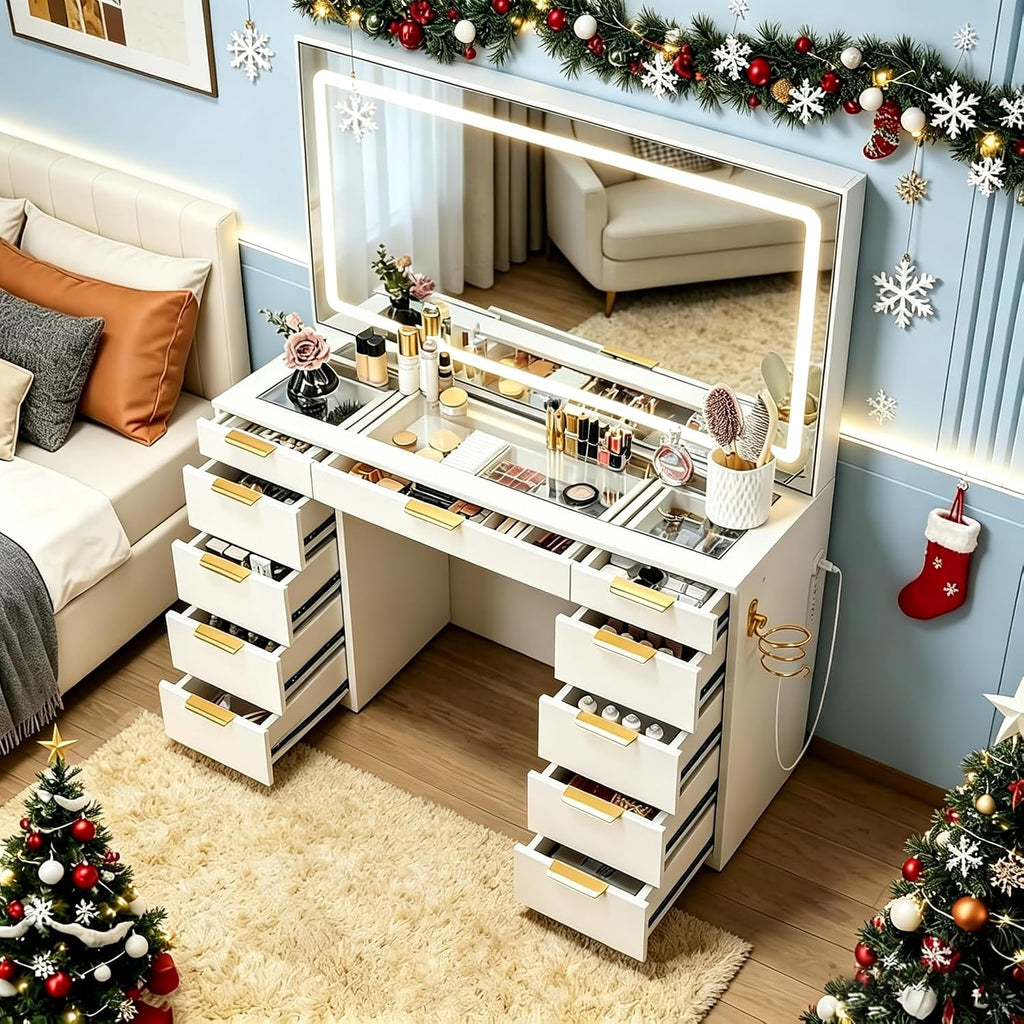 Glass Top Vanity Desk with Mirror and Lights, 11 Drawers Makeup Vanity with Charging Station, Golden Handles Dressing