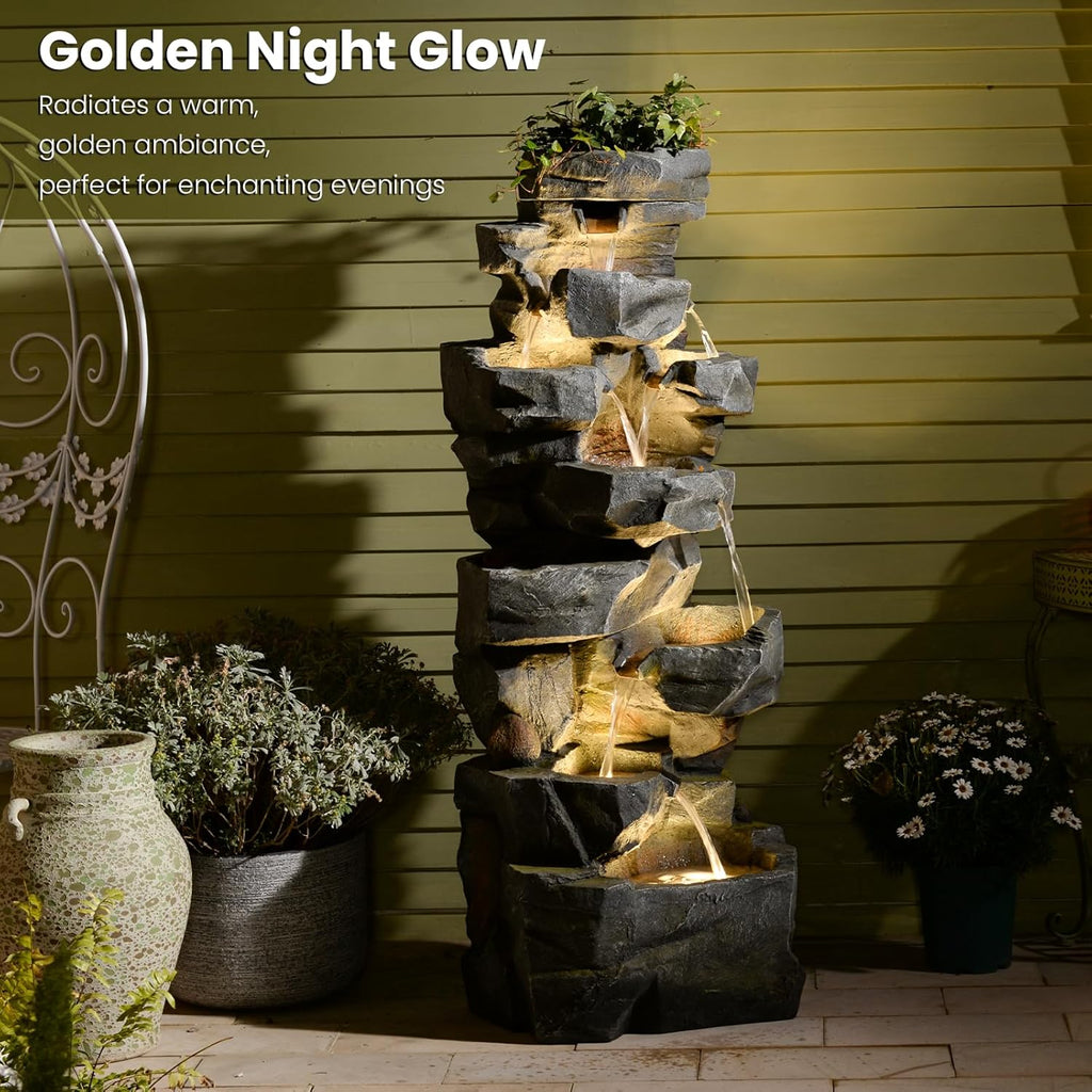 58" H Outdoor Water Fountain with 7 Tiers New Upgraded Large Cascading Realistic Rock Waterfall Fountains with Lights