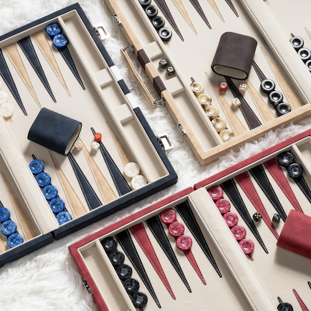 15inch Backgammon Sets for Adults, Classic Backgammon Board with Unique Checkers Dice, Faux Leather Exterior