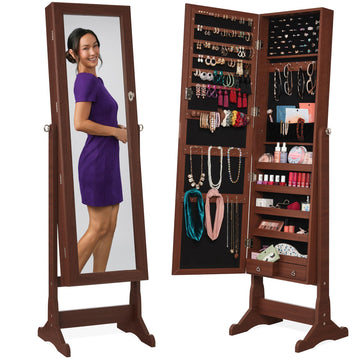 Freestanding Jewelry Armoire Cabinet, Full Length Standing Mirror, Lockable Makeup Storage Organizer, w/Velvet