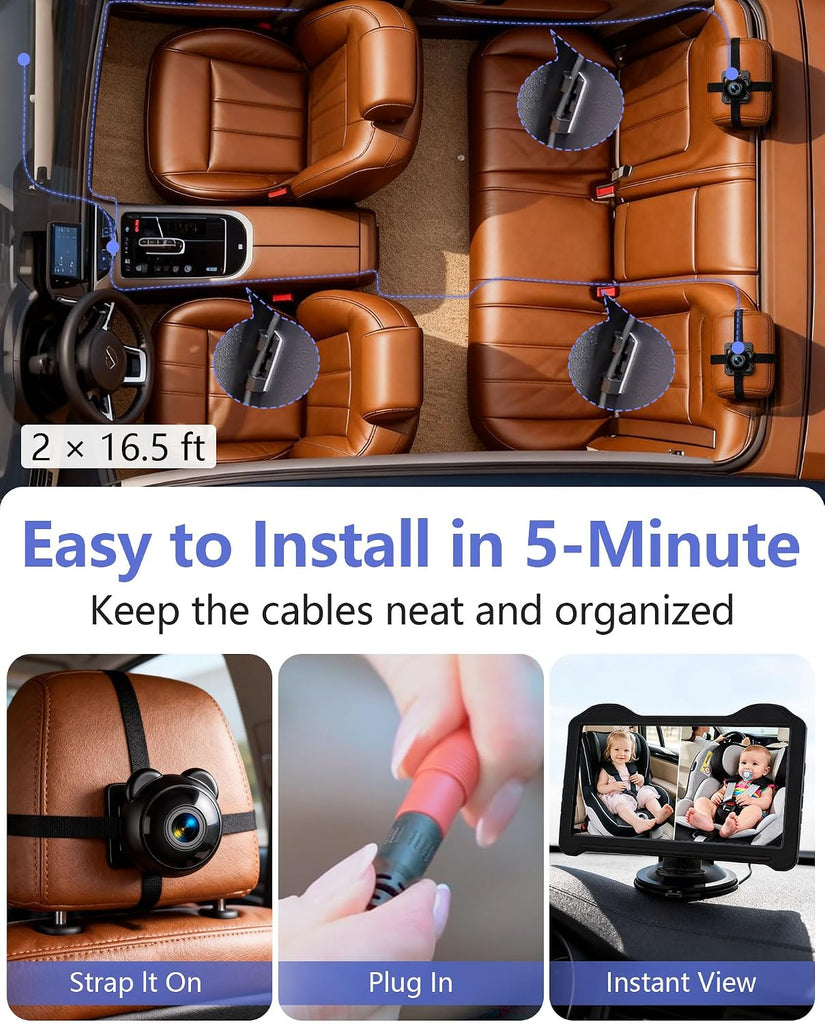 1080P Dual Baby Car Camera for 2 Kids: 7.2'' Split Screen Monitor for Twins
