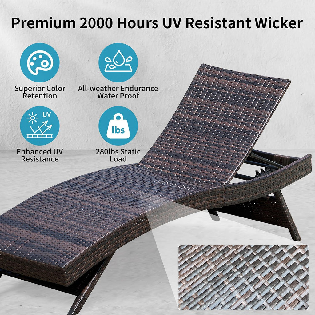 Folding Patio Chaise Lounge (Set of 1 Chair), Foldable Long Reclining Patio Seating Chairs, Outdoor Wicker Lounge