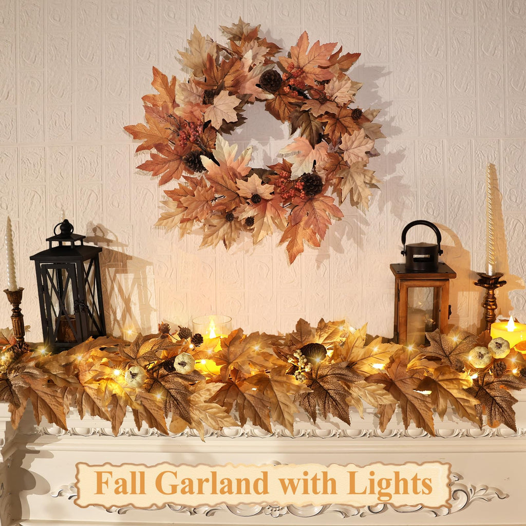 9 FT Lighted Fall Garland with Lights Autumn Automatic ON/Off Timer