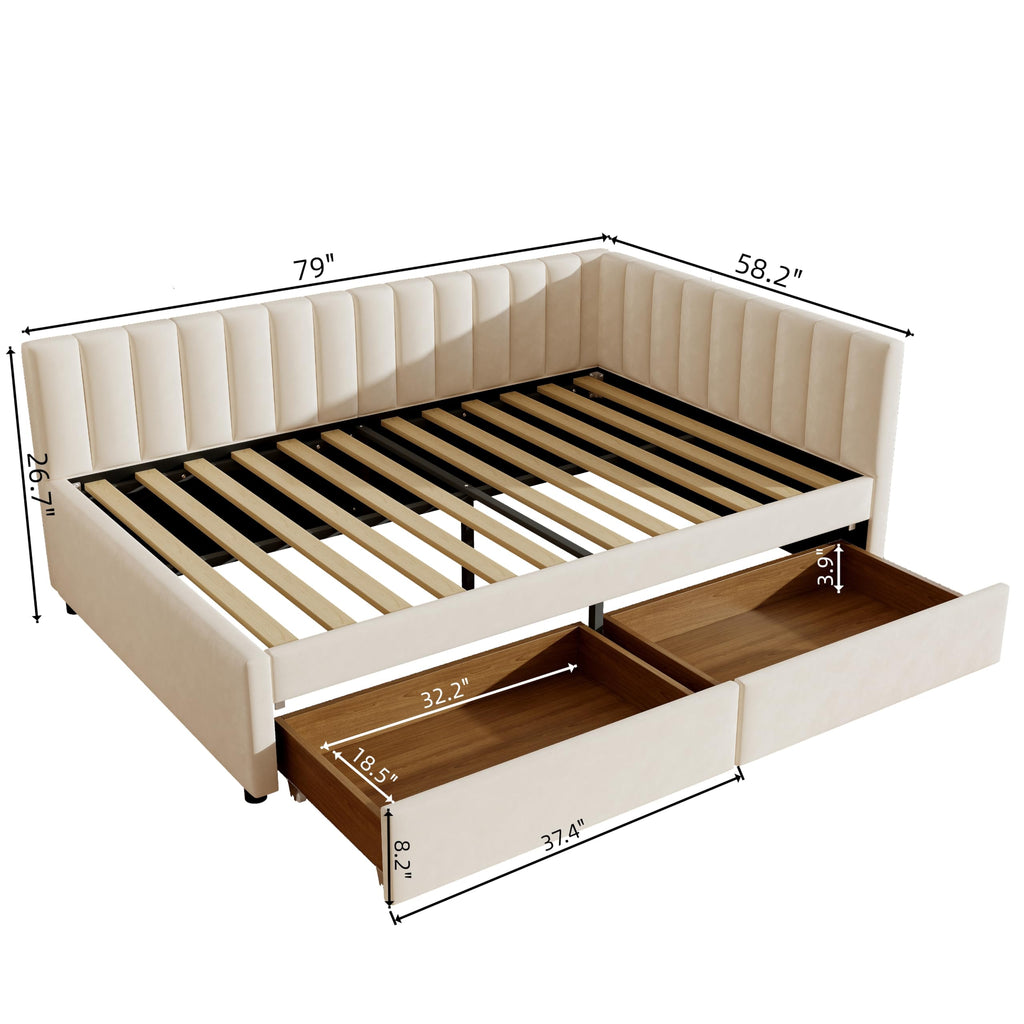 Full Corner bedframe with 2 Drawers, Upholstered daybed with Storage, L-Shape daybed Living Room, Beige + Velvet