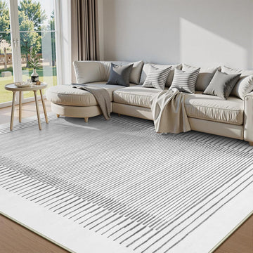 Washable Striped Rugs, Non-Slip Soft Grey Berber Stripe Bedroom Rug, Low Pile Minimalist Floor Carpet Living