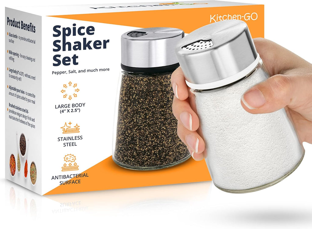 Salt and Pepper Shakers Set with Adjustable Pour Holes - Stainless Steel Spice Dispenser - Set of 2