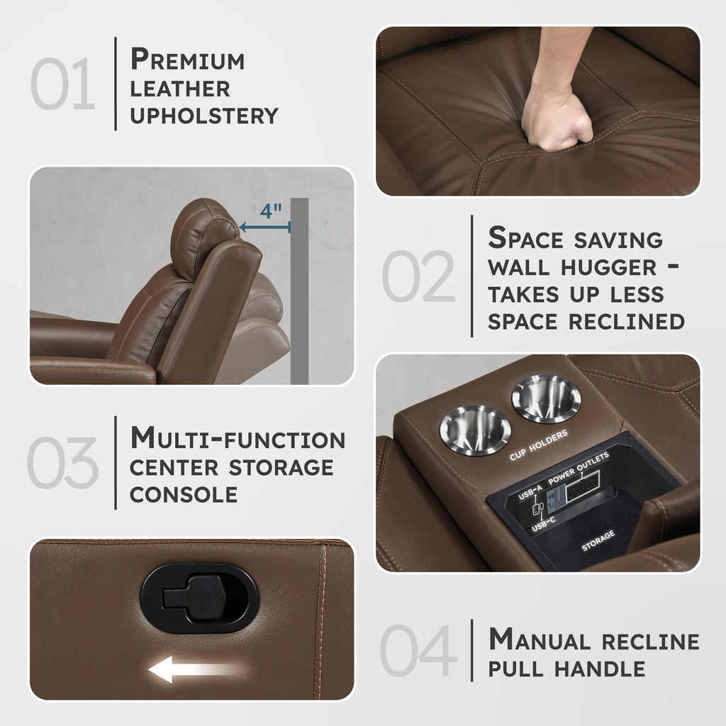 Top Grain Leather Match Manual Double Reclining Loveseat with Storage Console, Wall Hugger, Cup Holders, Power