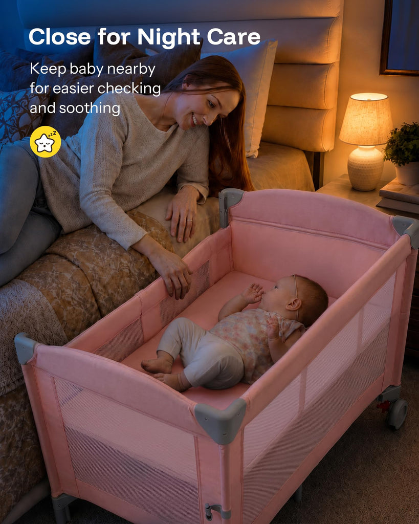 6 in 1 Play Yard with Bedside Bassinet, Foldable Playard