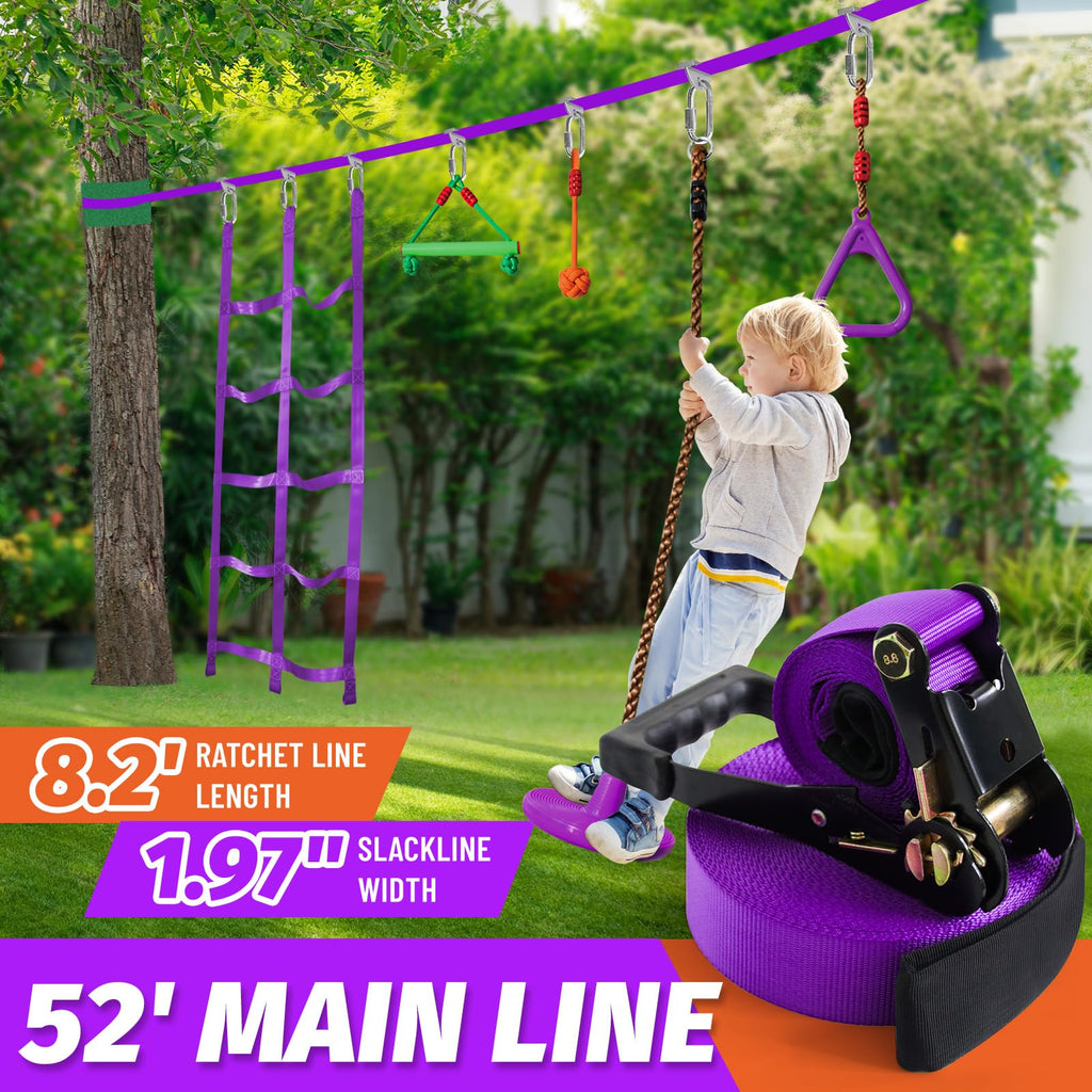 Warrior Obstacle Course for Kids-Slackline 52ft with 9 Accessries