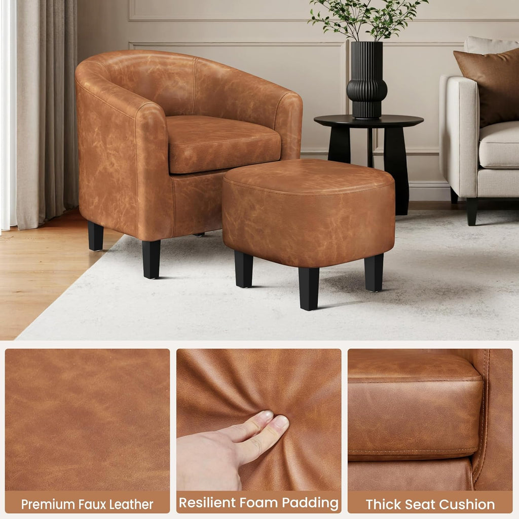 Accent Chairs with Ottoman, Faux Leather Barrel Chairs, Brown
