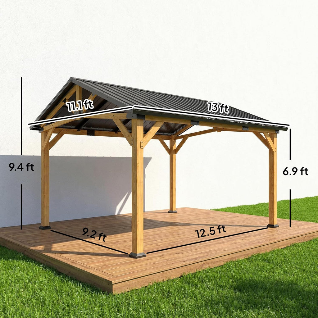 13' x 11' Hardtop Gazebo Canopy with Galvanised Metal Roof, Fir Wood Frame