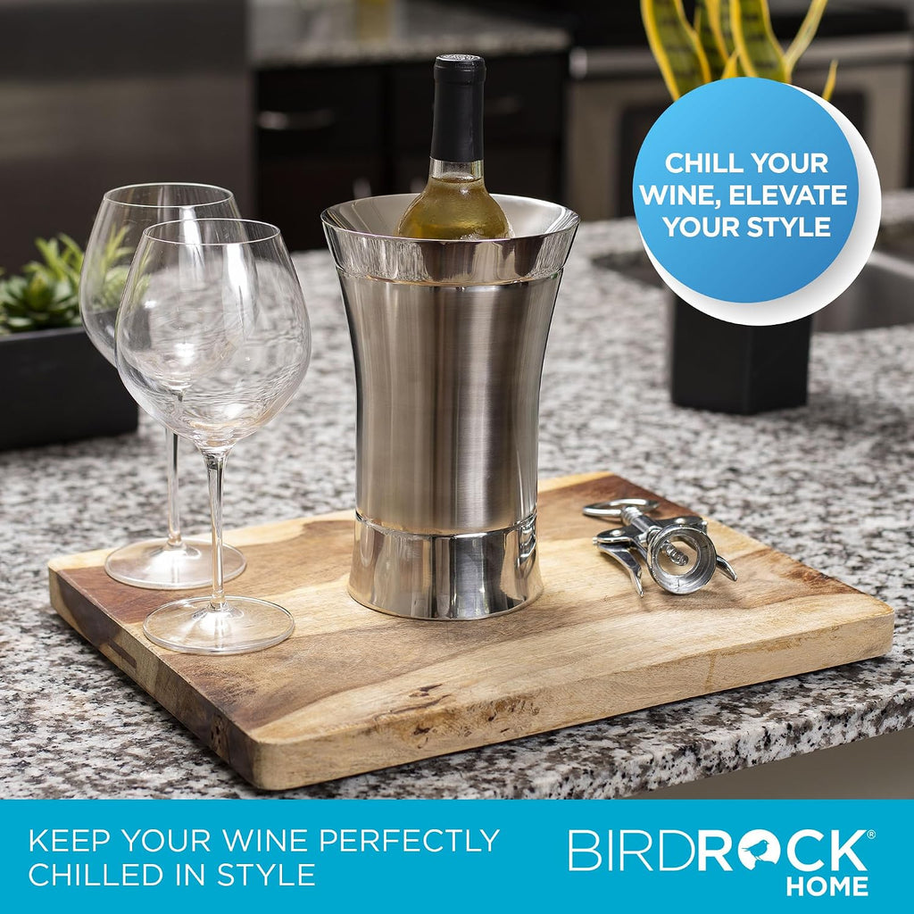 Stainless-Steel Wine Chiller - Elegant Double Wall Bucket - Single Insulated Bottle Holder - Wine or Champagne Cooler