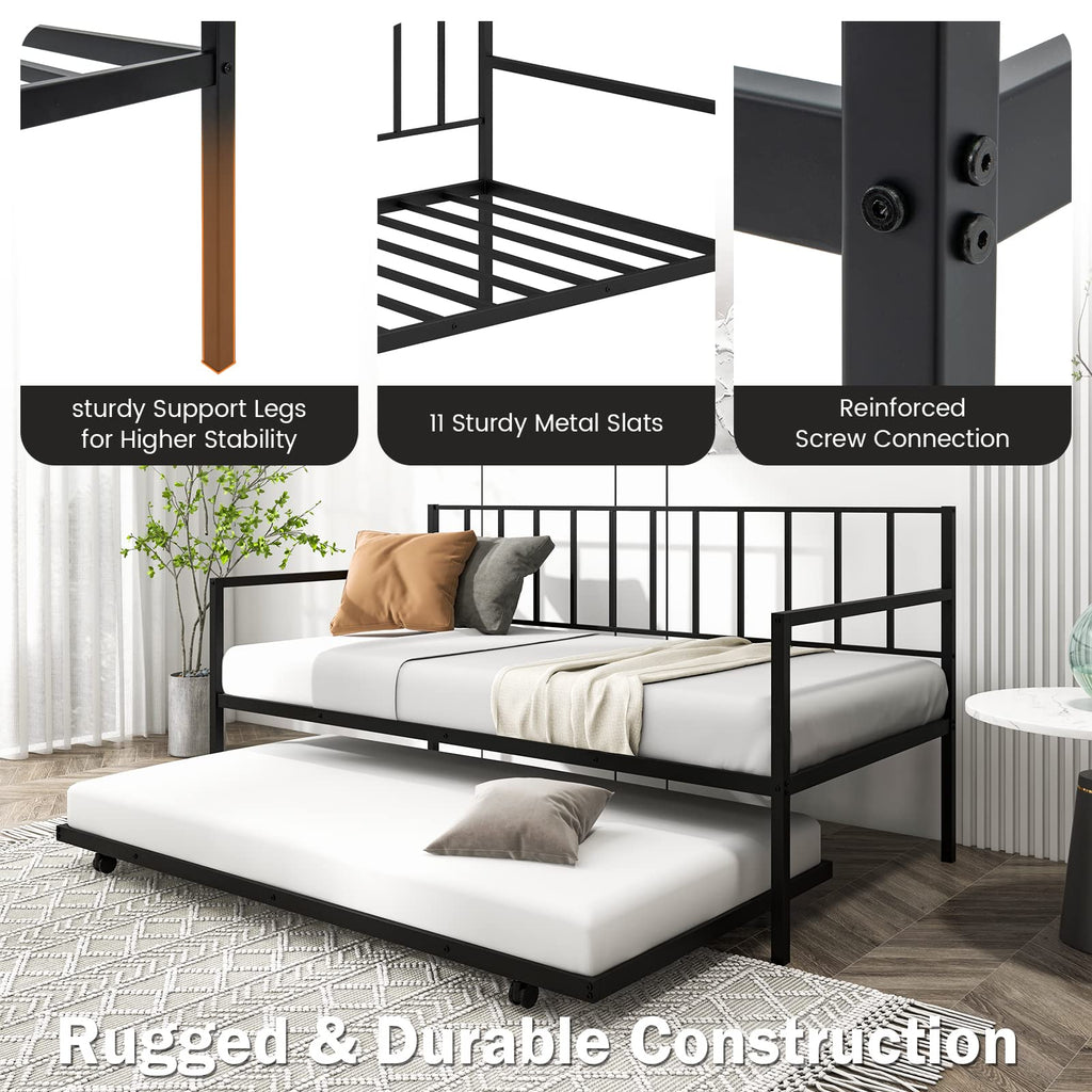 Twin Daybed with Trundle, Metal Bed Frame with Trundle, Daybed & Trundle Frame Set with Wheels & Metal Slat Support