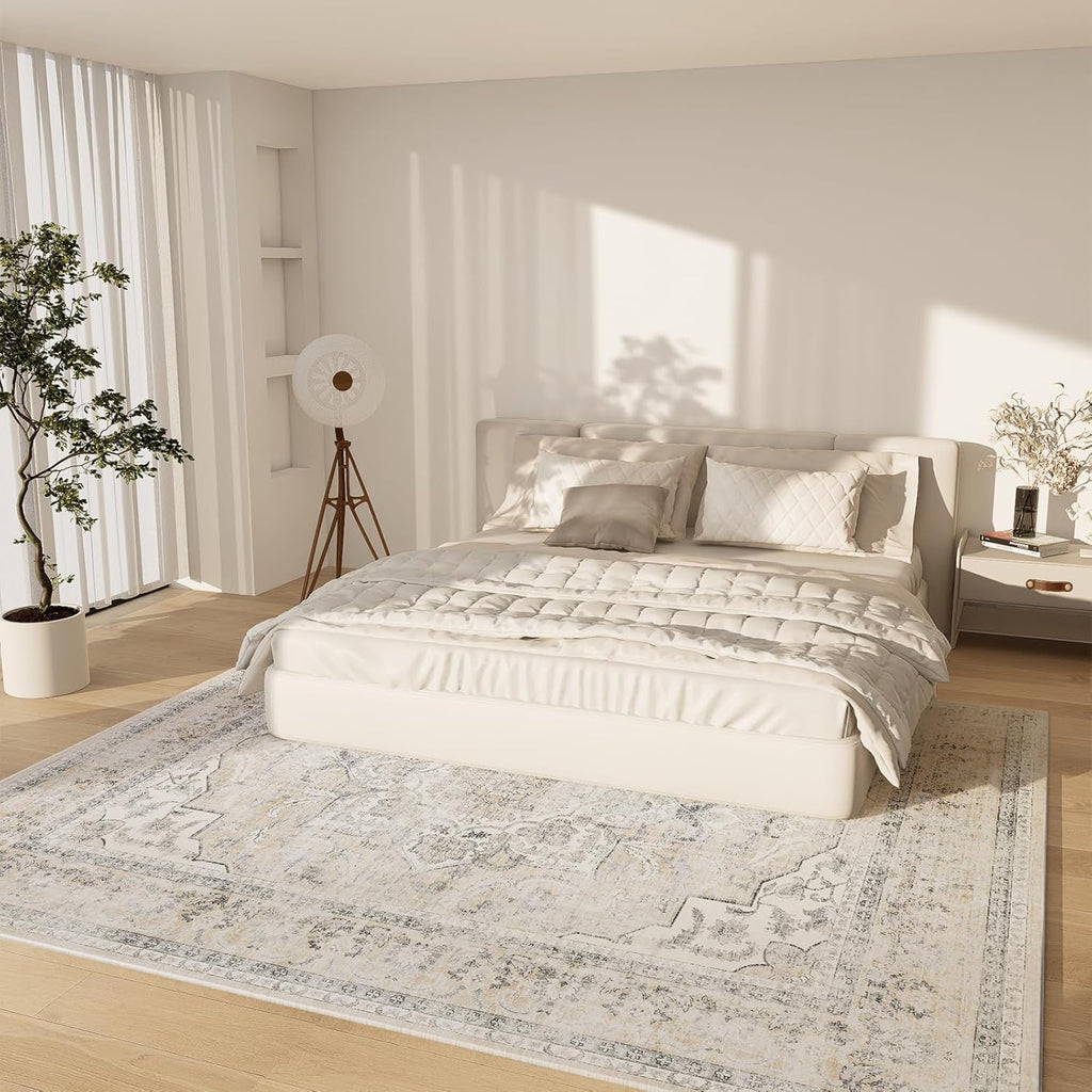 8x10 Area Rugs for Living Room: Washable Rug Non Slip Low Pile Soft Faux Wool Non Shedding Vintage Boho Large Carpet