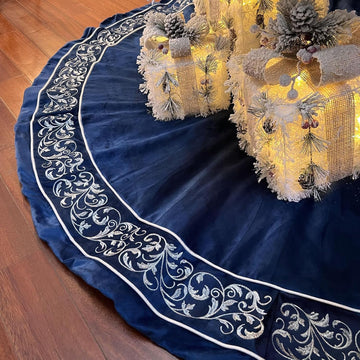 Christmas Tree Skirt 60 inch, Blue Luxury Velvet Plush Faux Fur Extra Large Skirts with Silver Embroidered Vintage