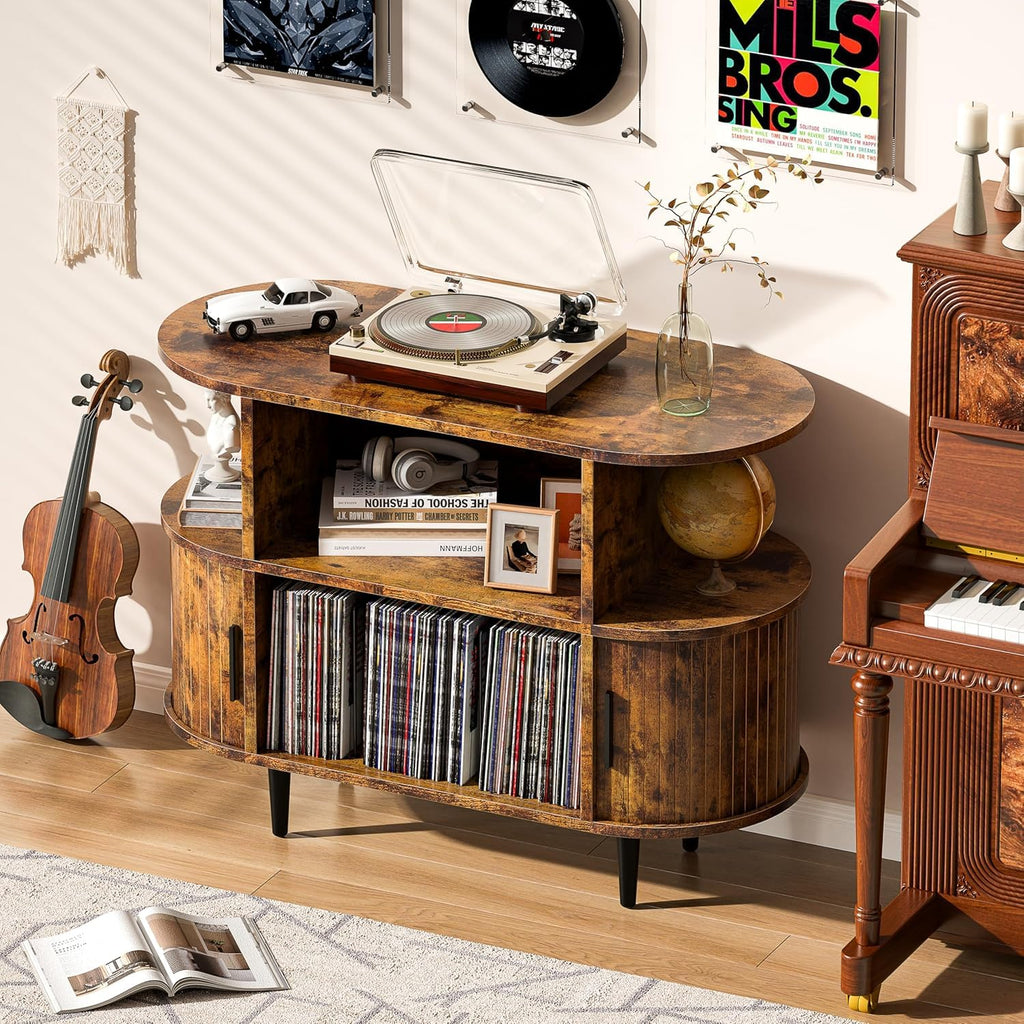 Large Record Player Stand with Storage and Shelves, Brown