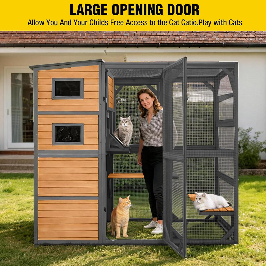 Catio Cat House Outdoor Kitty Enclosures 77" Large Cat Home with Run Cat Cage with Platforms Kitty Playpen, 4 Tiers