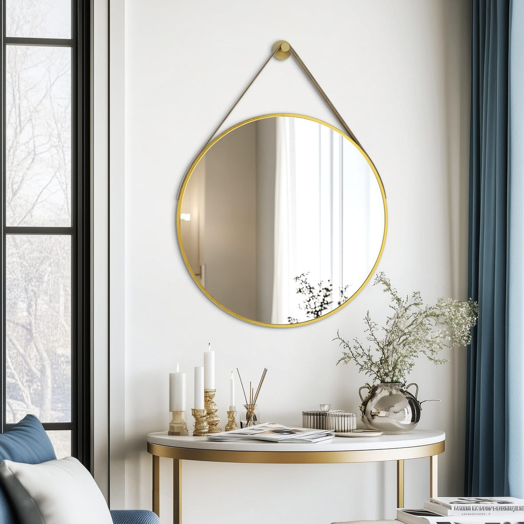 Hanging Strap Wall Mirror: 27.5in Round Bathroom Mirror Gold Frame