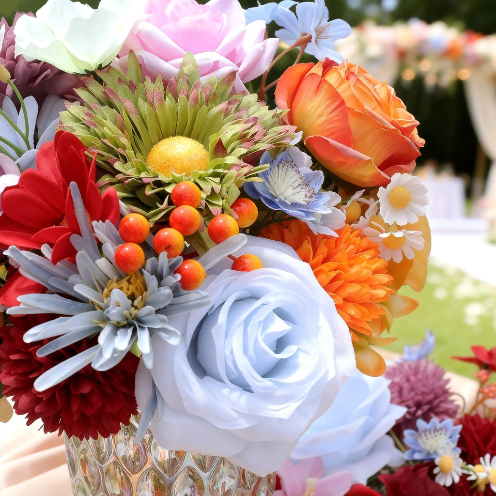 Artificial Combo Box Set, 38pcs Mix Dahlia Silk Roses, Daisy & with Stems for DIY Wedding Bouquets, Bridal Shower