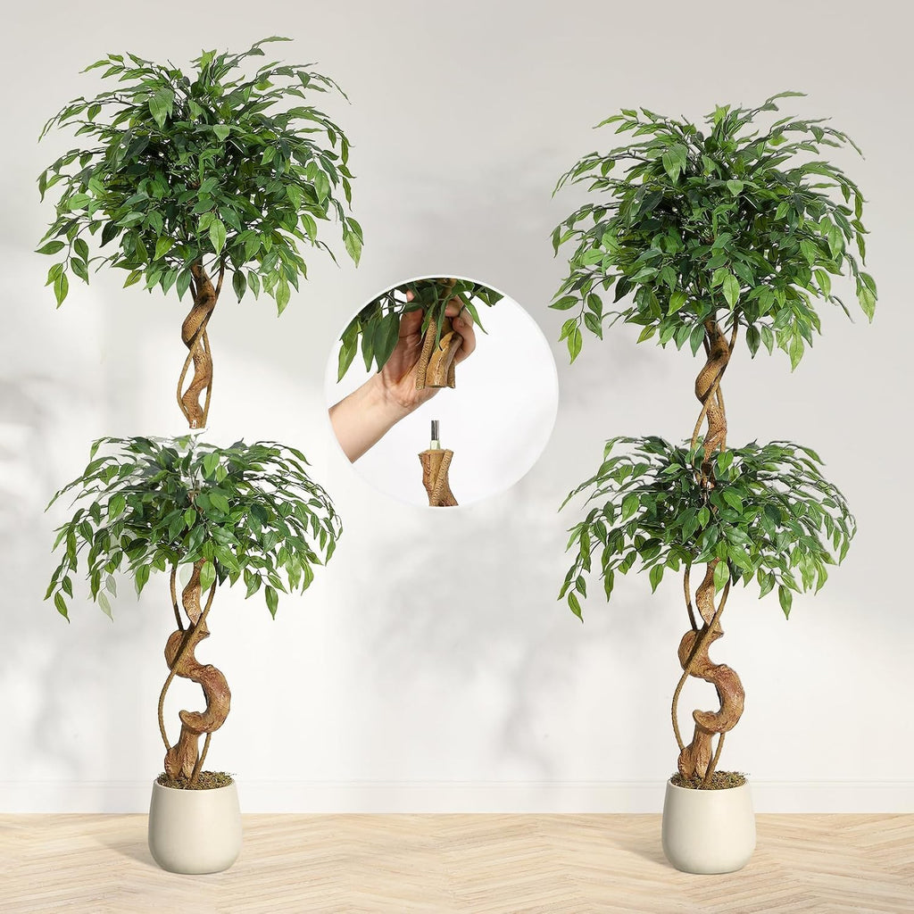 5FT Artificial Ficus Tree, 1449 Silk Leaves with Curved Natural-Look Trunk, Faux Tree in White Planter Pot with Real