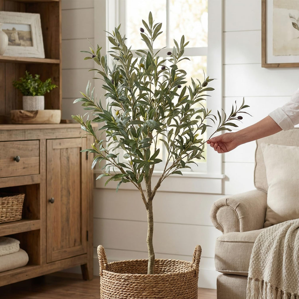 6FT Artificial Olive Tree, Lifelike Large Faux Silk Plant with Realistic Wood Trunk Perfect Floor Plant and Corner