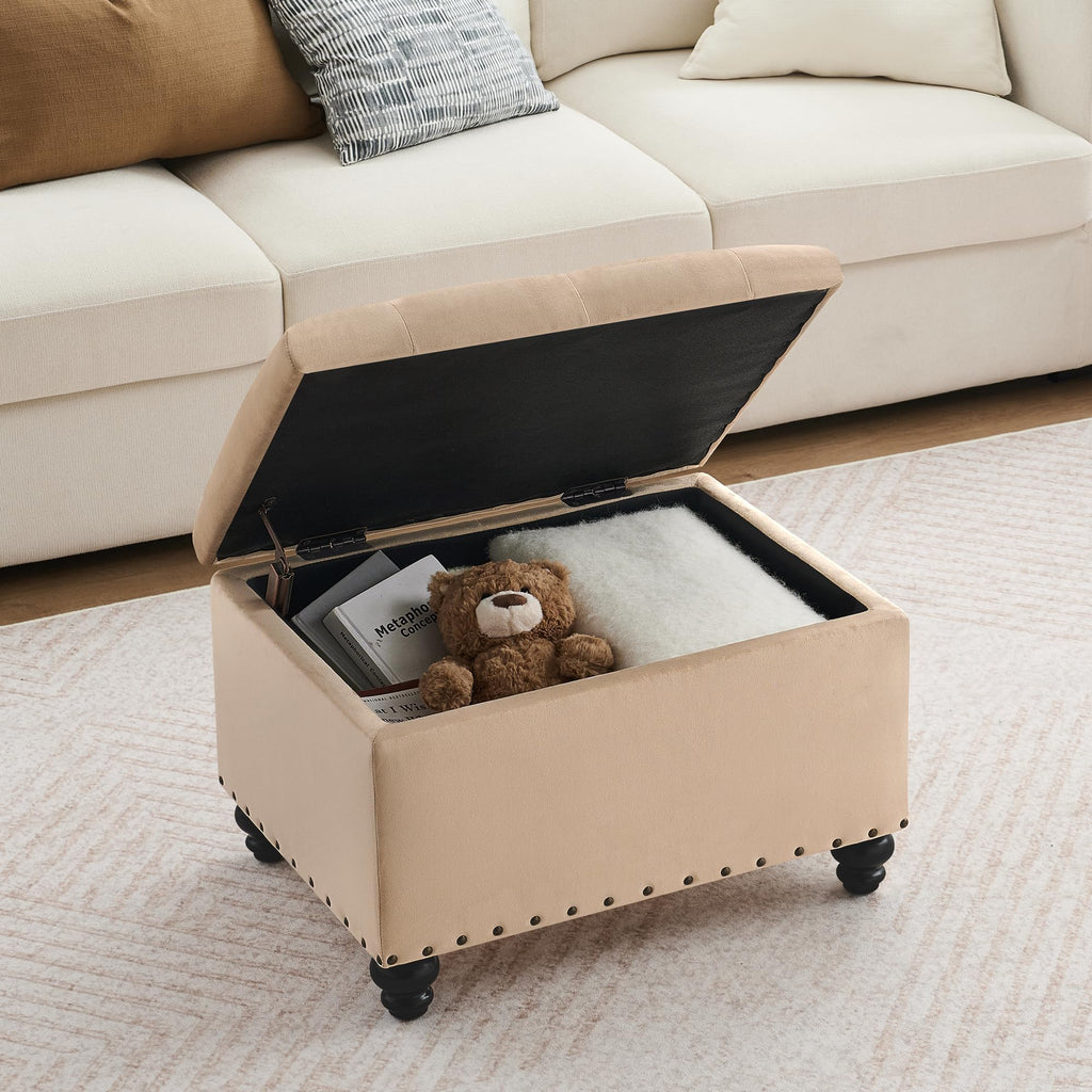 Velvet Storage Ottoman Bench, Button Tufted Ottoman with Hidden Storage, Upholstered Foot Rest Stool with Solid Wood