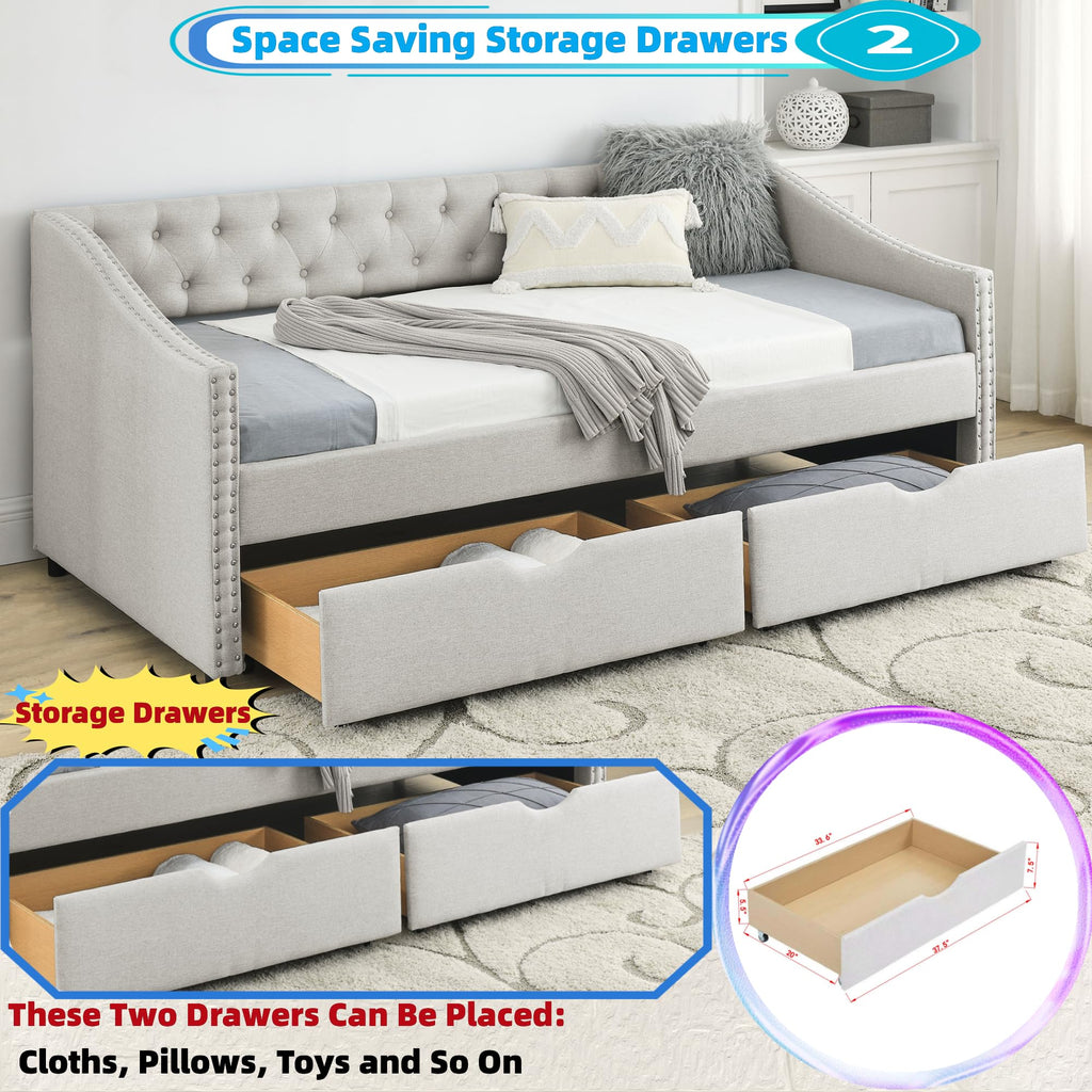 Linuque Upholstered Queen Size Daybed with 2 Storage Drawers, Solid Wood Sofa Bed Frame with Button Tufted Backrest