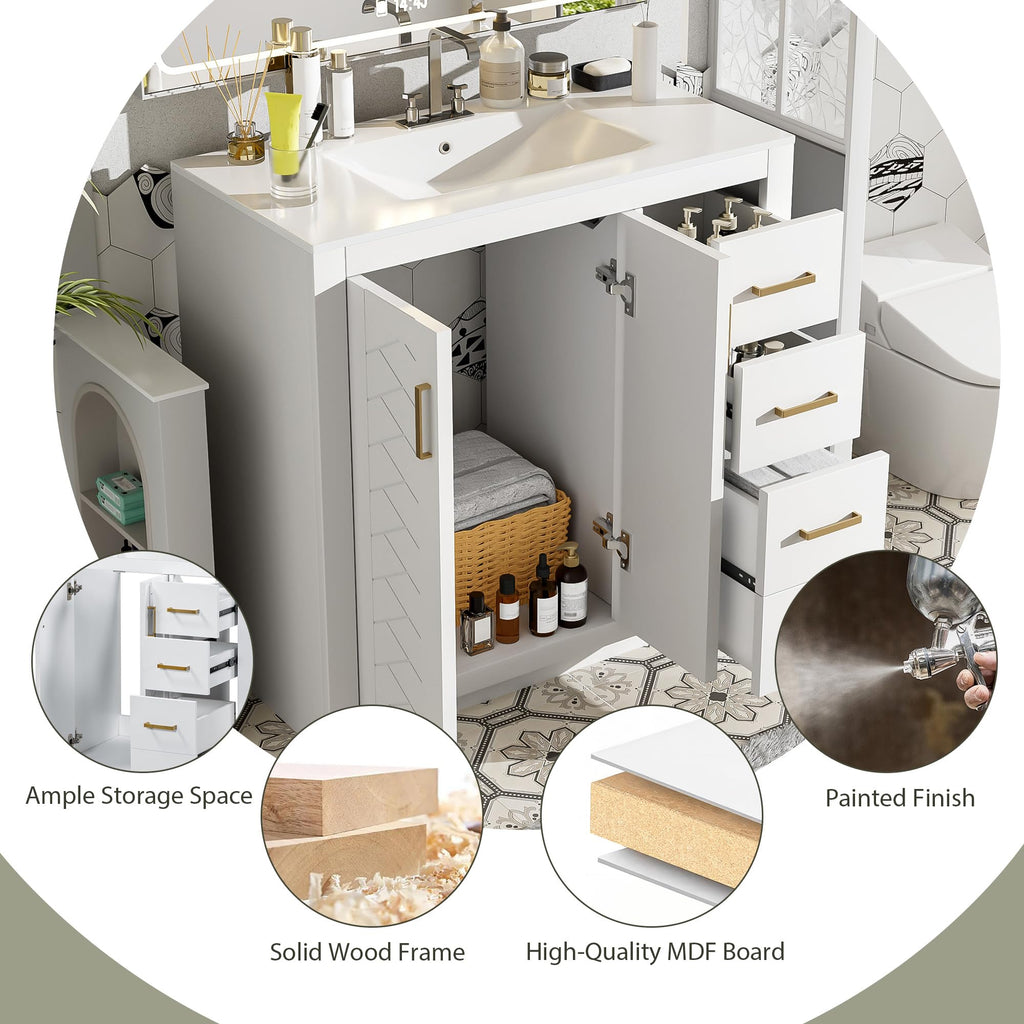 36 Inch White Bathroom Vanity with Sink & Gold Handles, Light Luxury