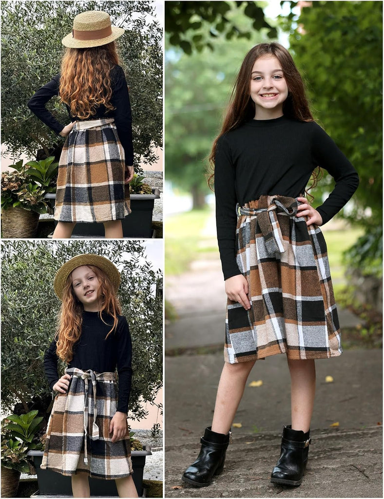 Girls Long Sleeve Rib Knit Plaid Patchwork Dress with Pockets