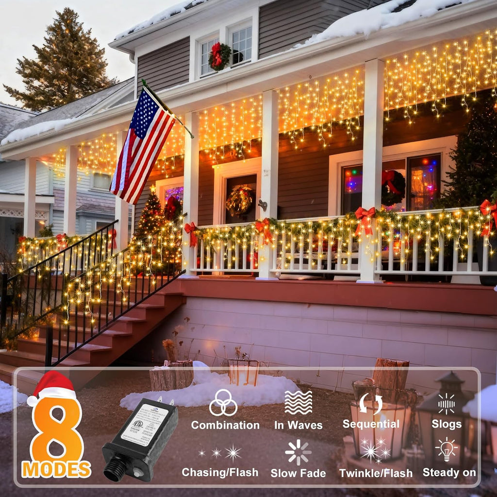Christmas Lights Outdoor Decorations 400 LED 33ft 8 Modes Curtain Fairy String Light with 75 Drops, Clear Wire LED