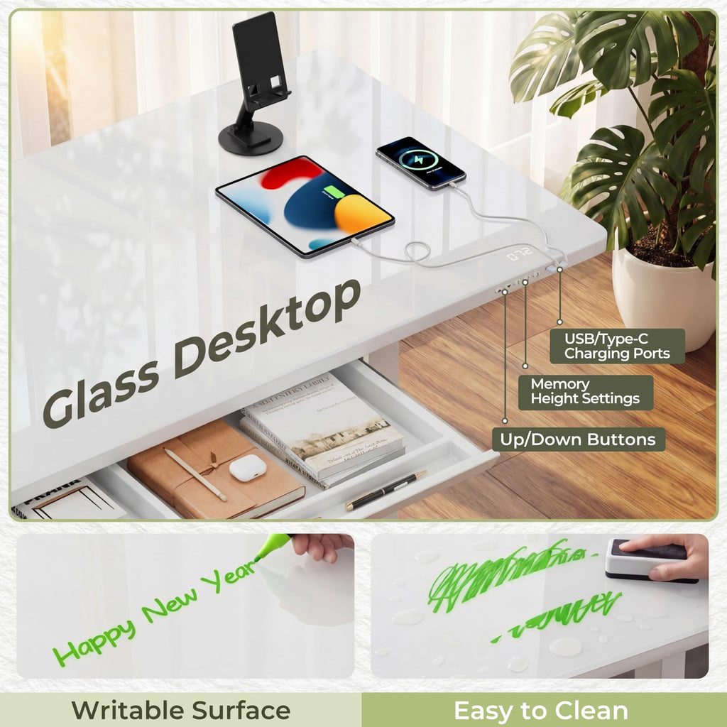 Glass Standing Desk with Drawers, Electric Adjustable Home Office Sit Stand Desk with One-Piece Desktop & USB