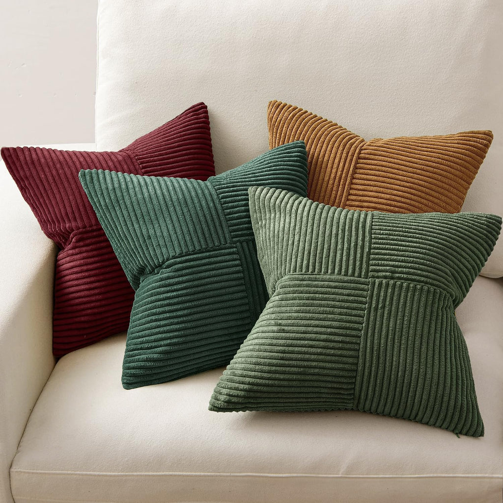 Boho Christmas Green Decorative Throw Pillow Covers 20x20 Farmhouse Cushion Covers Color-Clash Corduroy - Set of 4