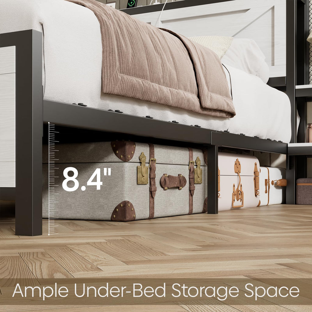 Rustic Bed Frame with Storage Born Door Headboard and Bedside Storage, Industrial Farmhouse Metal Platform