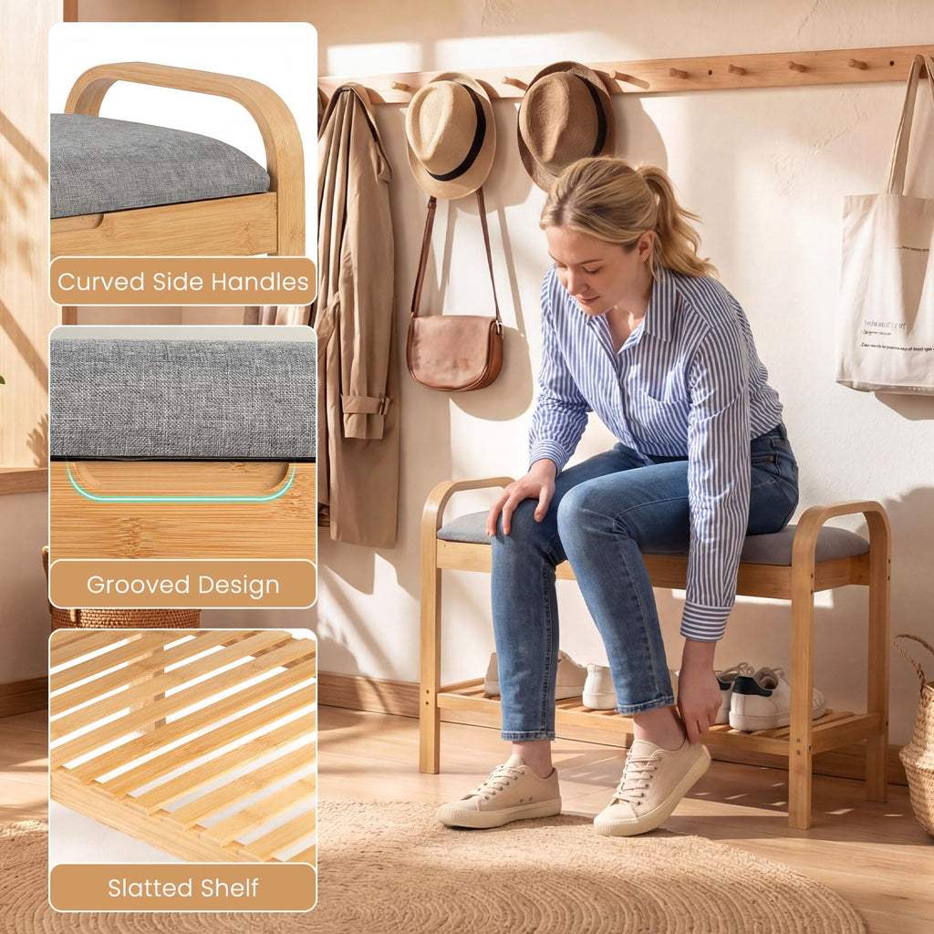 Small Entryway Bench with Storage, 2-Tier Bamboo Shoe Rack Bench with Flip Top Storage Space and Padded Cushion, Shoe