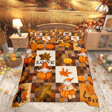 Fall Pumpkin Harvest Duvet Cover Set, Rustic Maple Autumn Leaves Quilt Cover Set(NO Comforter), Patchwork