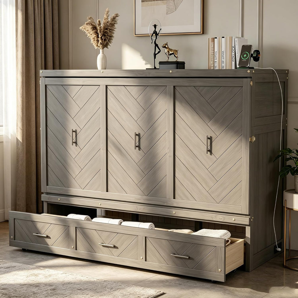 Queen Murphy Bed Cabinet with Storage, Space Saving Bed with USB Charging Station and Large 3-Compartment Drawer