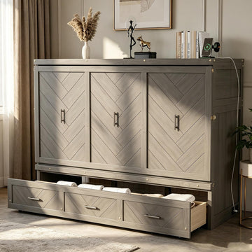 Queen Murphy Bed Cabinet with Storage, Space Saving Bed with USB Charging Station and Large 3-Compartment Drawer