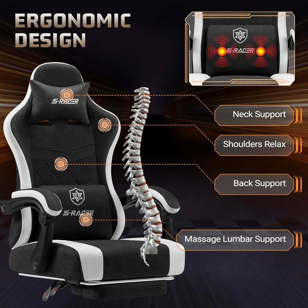 Gaming Chair with Massage & Footrest, Ergonomic Computer Office Chair, High-Back Racing Style Reclining Chair with