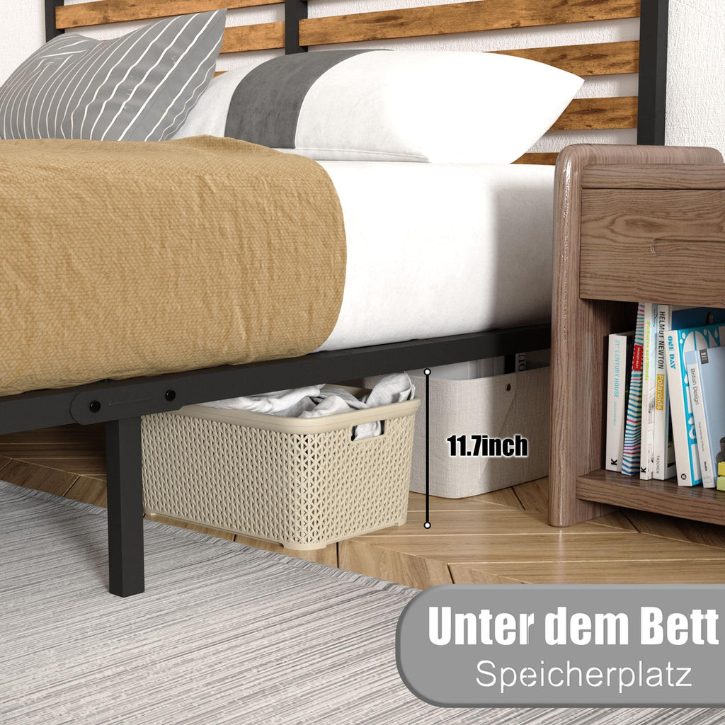 Brown+Black Industrial Metal Bed Frame Queen with Rustic Wood Headboard