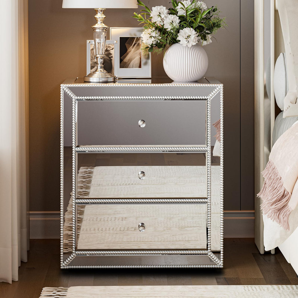 Mirrored Nightstand Bedside Table with 3 Drawers, Silver Modern End Table with Crystal Handle, Mirrored Side Table
