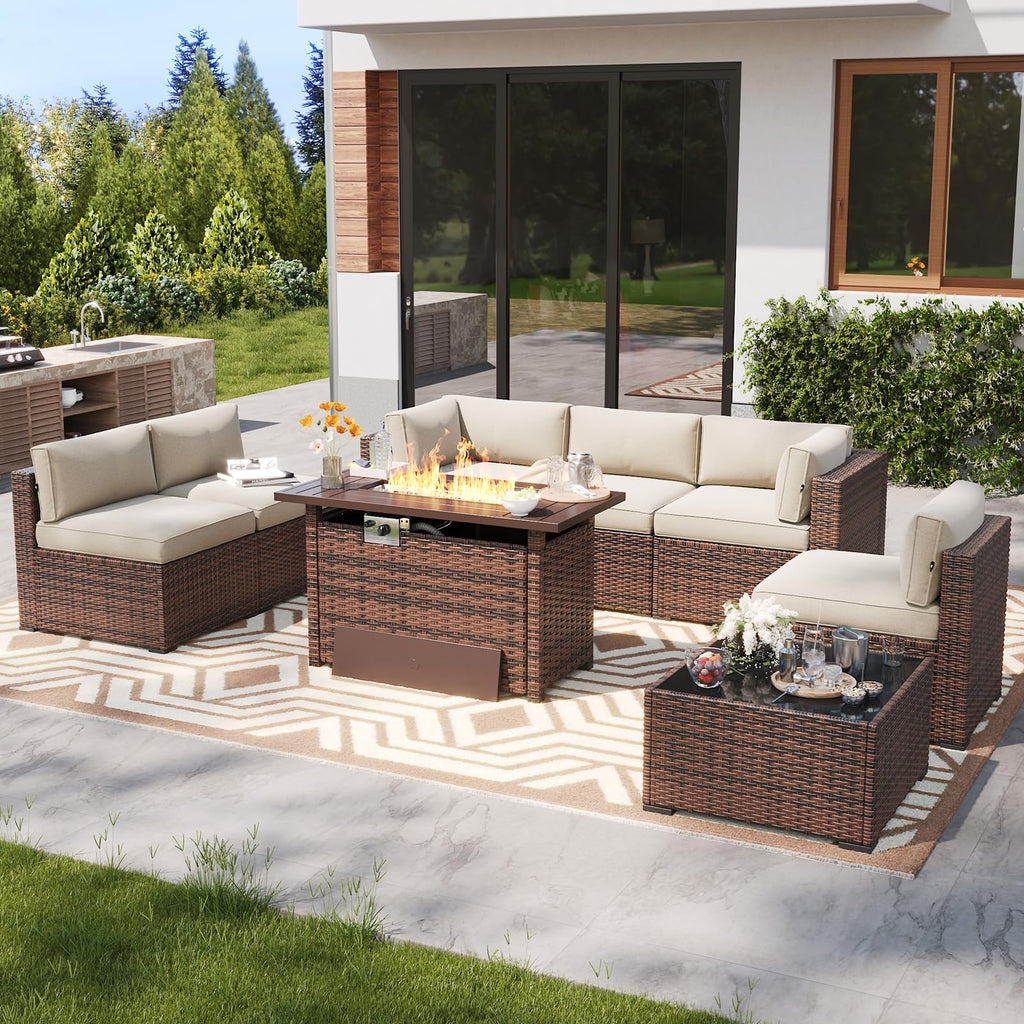 8 Piece Outdoor Patio Furniture Set with 44'' Fire Pit Table, Outdoor Patio Furniture Set with 4'' Thicken Cushion