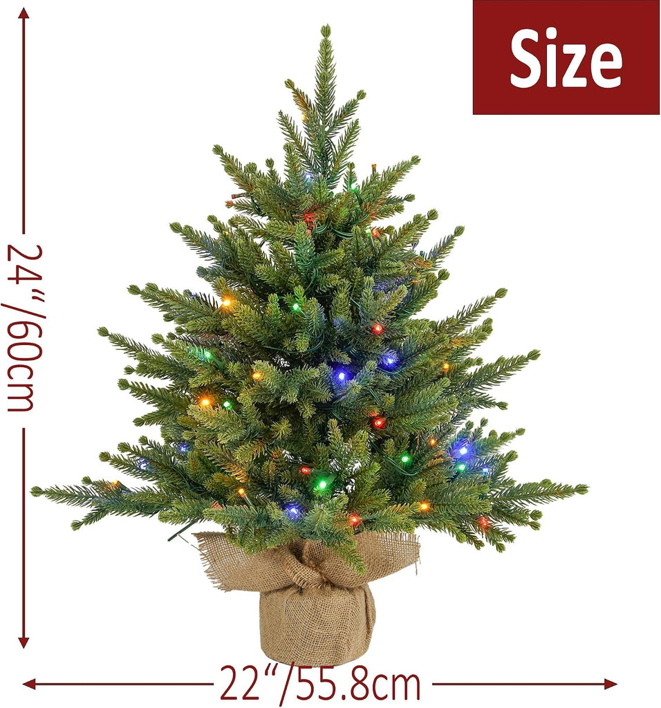 Prelighted Mini Christmas Tree 2 Ft with 70 LED Warm & Multi-Color Light, Artificial Small Xmas Tree 24 inch Tabletop