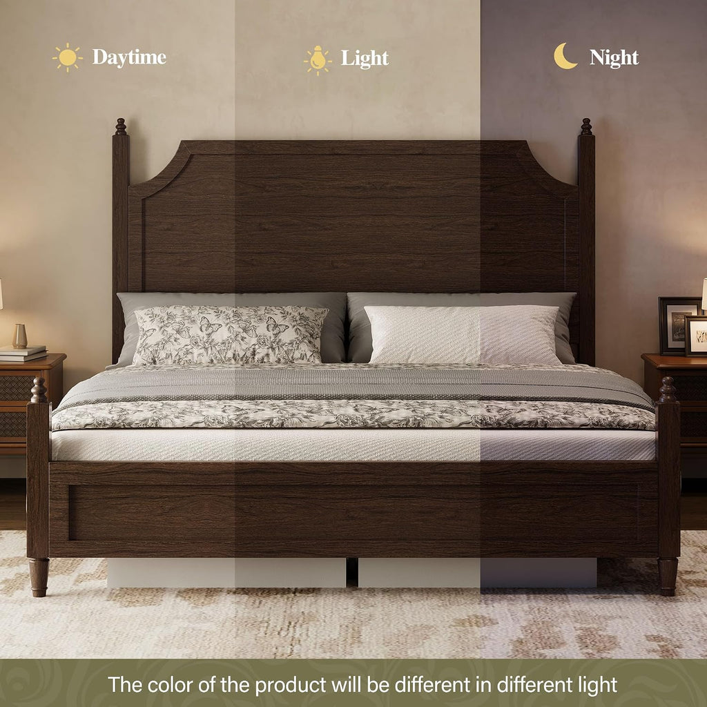 Classic Four-Poster King Bed Frame with Curved Headboard, Walnut Wood