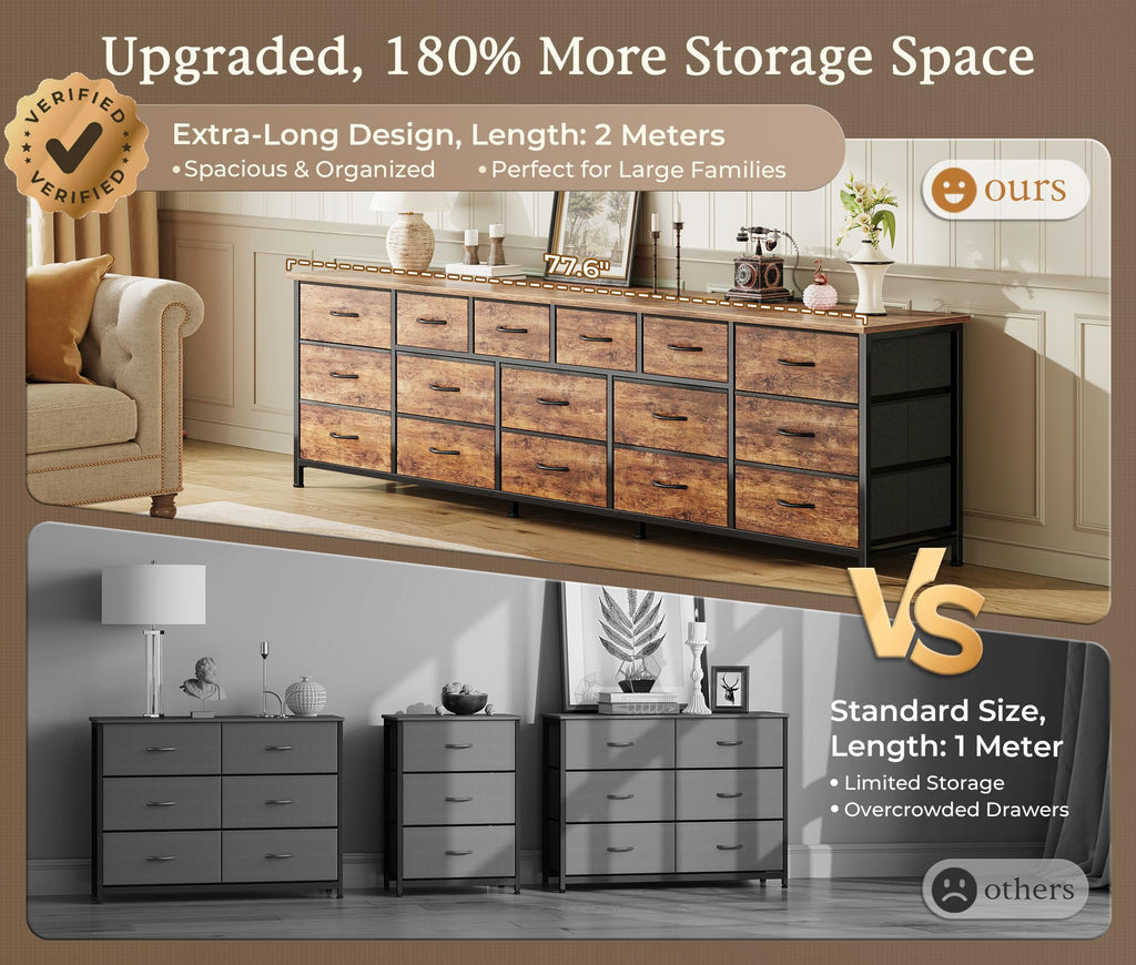 77.6" Long Dresser, 16 Drawer Fabric Dresser for Closet, Wide Chest of Drawers with Storage, TV Stand for 65, 75, 85