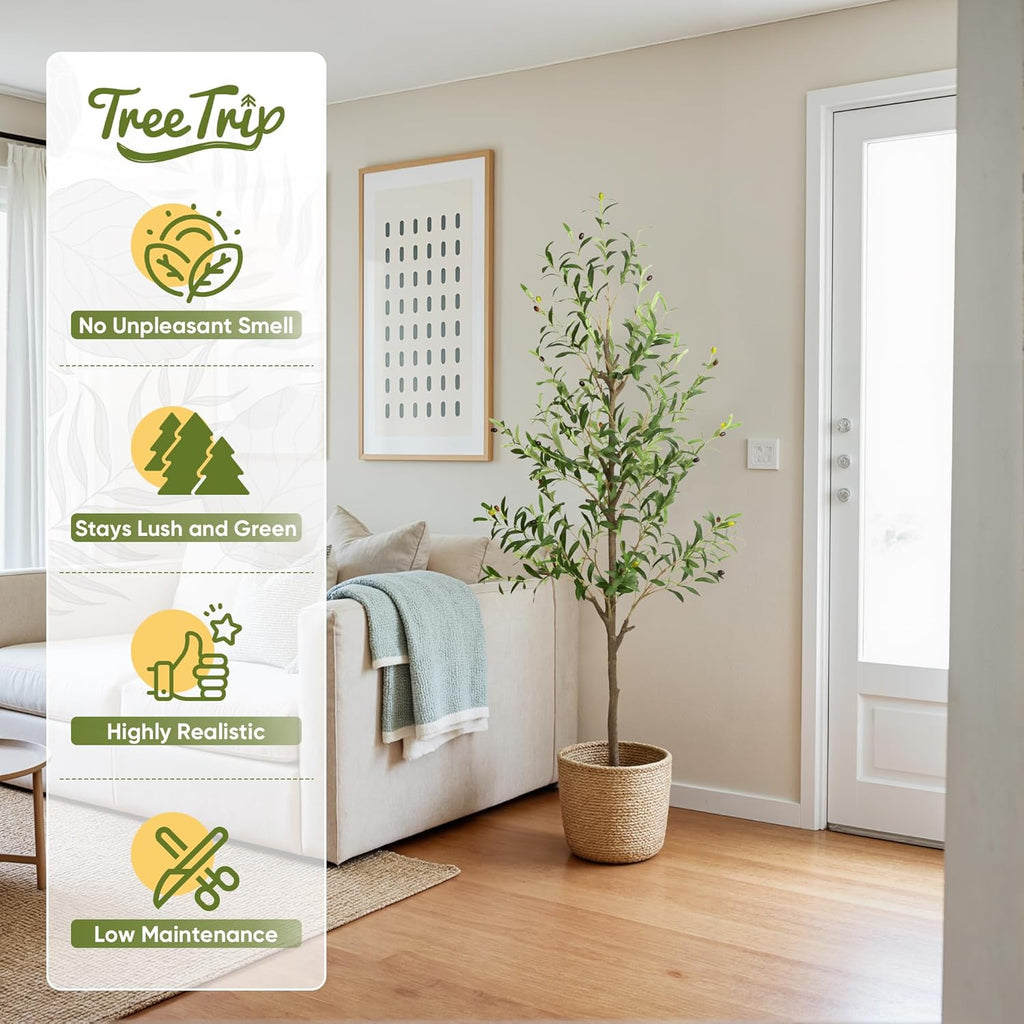 Olive Tree Artificial Indoor, 6 FT Faux Olive Trees with Planter, Fake Tall Plants with Natural Trunk and Lifelike