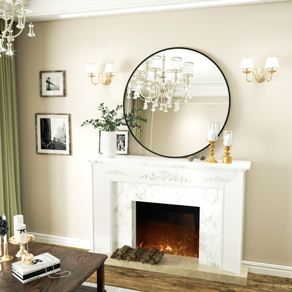 Black Round Bathroom Mirror 23.6", Thin Metal Frame Wall Mirror