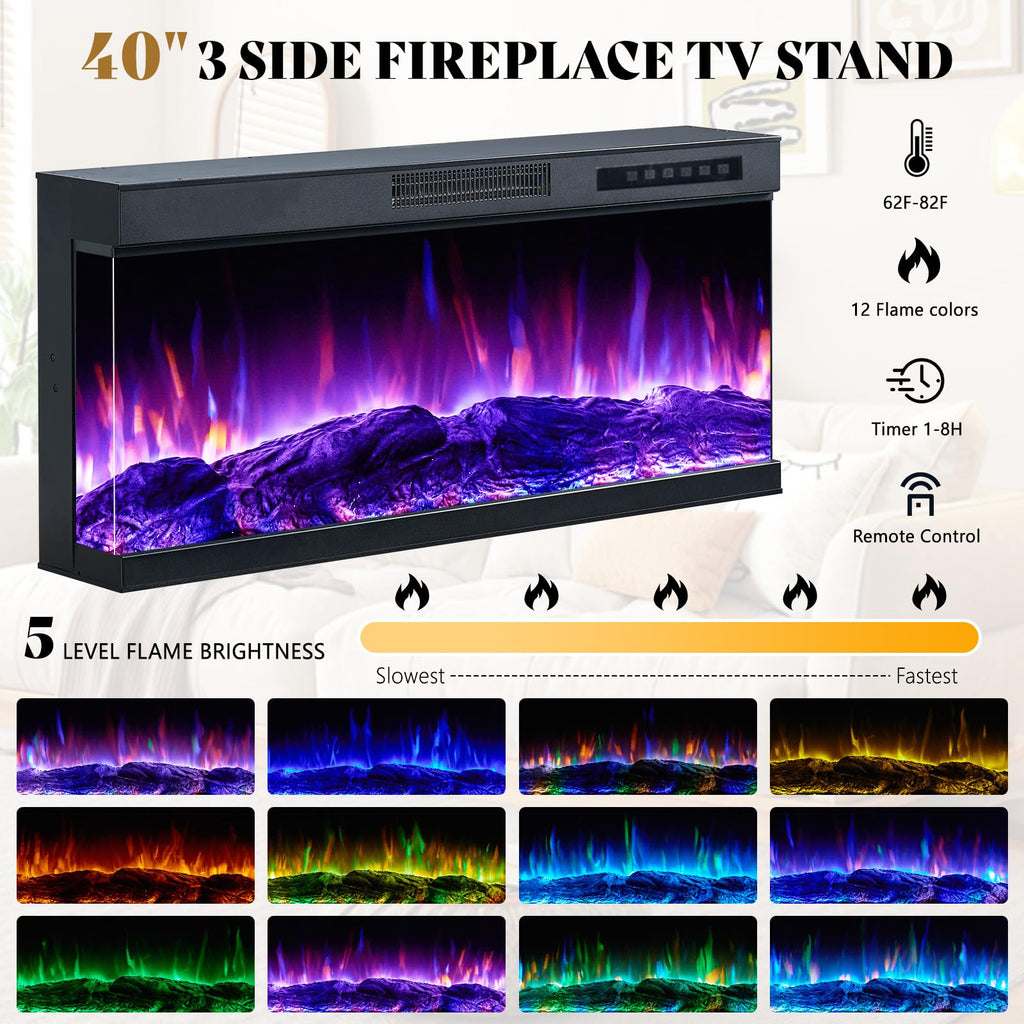 75in 3-Sided Glass Fireplace TV Stand for TVs up to 85", Rustic Fireplace Media Entertainment Center Console Table