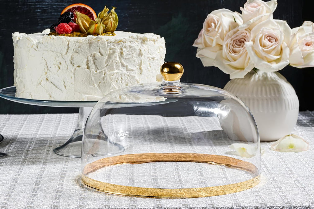 Glass - Cake Stand - and - Dome - with - Gold Rim - and - Gold Knob - for - Cake - Fruit - Cheese - 11.75" Diameter